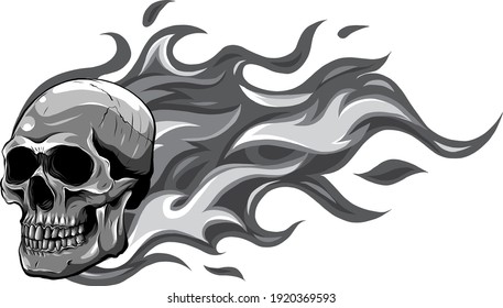 monochromatic Skull on Fire with Flames Vector Illustration