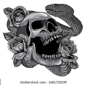 Monochromatic Skull With Snake And Five Roses Tattoo Vector