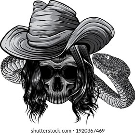 monochromatic skull twisted by a snake with bones vector