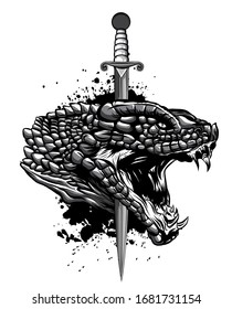 monochromatic Snake and knife. Old school tattoo. Vector Tattoo Art Snake and Knfe