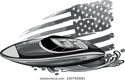 monochromatic speedboat sea waves with american flag