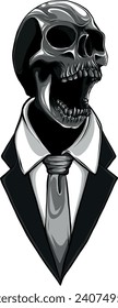 monochromatic spooky skull illustration wearing a suit