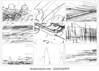 Monochromatic stop freeze frames set of black and white grunge pencil doodle scribbles lines on white background. Coal line sketches art. Vector.