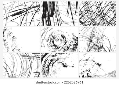 Monochromatic stop freeze frames set of black and white grunge pencil doodle scribbles lines on white background. Coal line sketches art. Vector.