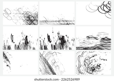 Monochromatic stop freeze frames set of black and white grunge pencil doodle scribbles lines on white background. Coal line sketches art. Vector.