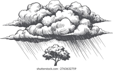 Monochromatic storm clouds with heavy rain falling a solitary tree nature 1