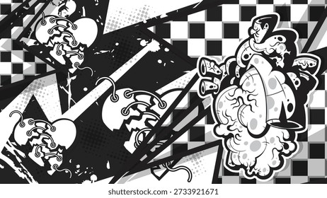 Vector de arte callejero monocromático con corazones rotos cosidos y patrones de tablero de ajedrez. Estilo vanguardista de graffiti urbano con texturas de semitonos y fragmentos geométricos. Ideal para carteles, ropa de calle y diseños modernos de cultura pop.