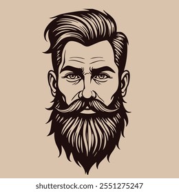 Ilustração da cabeça do homem estilizado monocromático com barba e penteado