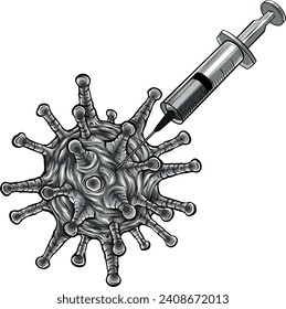 jeringa monocromática con vacuna sobre el símbolo del virus