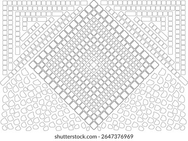 Tesselação monocromática de diversos elementos geométricos e orgânicos, formando uma textura abstrata única e visualmente envolvente, perfeita para a arte digital.