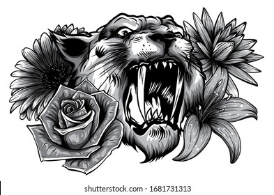 monochromatic tiger head face and composition flowers yellow sunflowers roses vector illustration