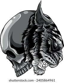 monochromatic tiger head with human skull on white background