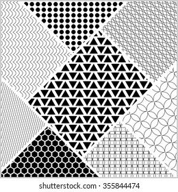 Monochromatic tile whit patterns in patch work style. White and black design, vector ornament