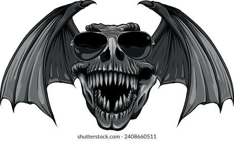 monochromatic t-rex dinosaur skull with bat wings and sunglasses