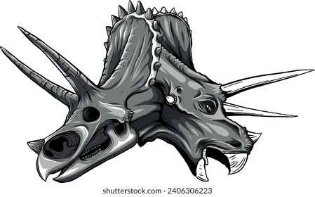 monochromatic Triceratops dinosaur head with skull vector illustration