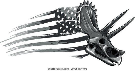 monochromatic Triceratops dinosaur skull fossil with american flag