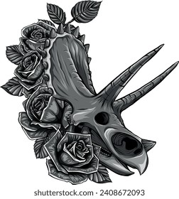 monochromatic Triceratops skull drawing with rose on white background