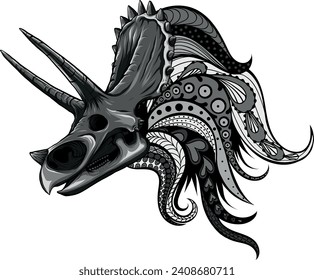 monochromatic Triceratops skull with mandala ornaments