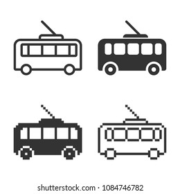 Monochromatic trolleybus icon in different variants: line, solid, pixel, etc.