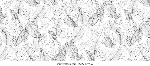 Padrão de folha tropical monocromático com palmeira preta e branca detalhada e folhas de Monstera