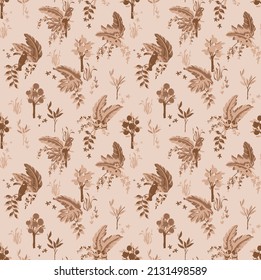 Monochromatic Tropical seamless pattern with leaves with parrot. Beautiful allover print with hand drawn exotic plants and birds for resort shirt fabric prints