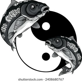 monochromatic two carp fishes in the circle of yin yang symbol.