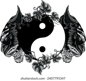 monochromatic two tiger head with yin yang symbol