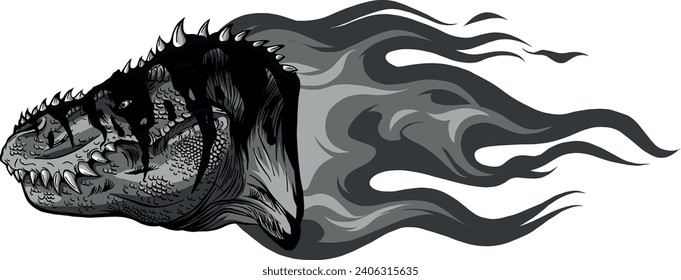 monochromatic tyrannosaurus rex with flame on white background