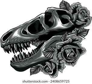 monochromatic Tyrannosaurus Skull with roses Vector illustration design Tattoo