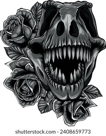 monochromatic Tyrannosaurus Skull with roses Vector illustration design