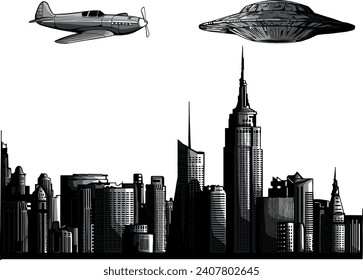 monochromatic ufo fight versus jet in the city