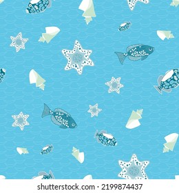 Monochromatic underwater world inhabitants on textured blue background. Seamless pattern. For fabric, wrapping paper, packaging, scrapbooking.