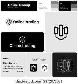 Monochromatic unique business logo with brand name for online trading branding. Trading and shield icon. Design element. Visual identity. Template with lexend font. Suitable for trading, investment.