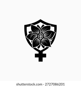 Monochromatic vector art featuring a flower within a shield, atop a Venus symbol. Ideal for themes of women's empowerment, protection, and feminism.