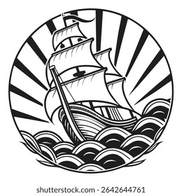 Monochromatic vector artwork showcases a classic sailing ship rendered in a stylized manner. It is depicted navigating across stylized waves under the sunburst in circle frame.