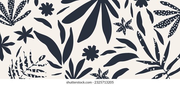 Monochromatic vector background with scattered abstract black leaves. Flowers and other botanical elements collage. Random cutout of dark tropical foliage, ornamental texture, cute decorative pattern	