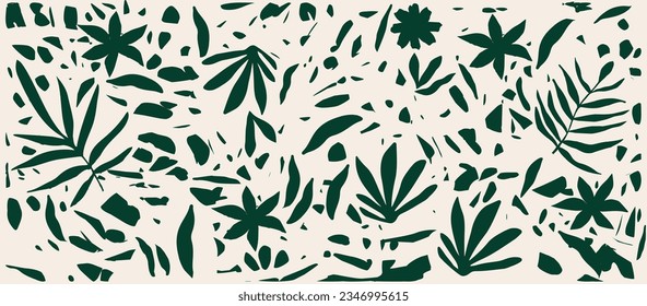 Monochromatic vector background with scattered abstract dark green leaves, flowers and other botanical elements. Random cutout tropical foliage collage, ornamental texture, cute decorative pattern