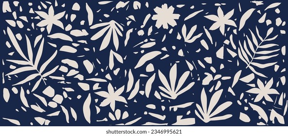 Monochromatic vector background with scattered abstract leaves, flowers and other botanical elements. Random cutout dark blue tropical foliage collage, ornamental texture, cute decorative pattern