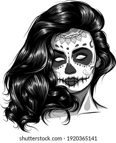 Monochromatic Vector Black And White Skull Candy Girl Illustration