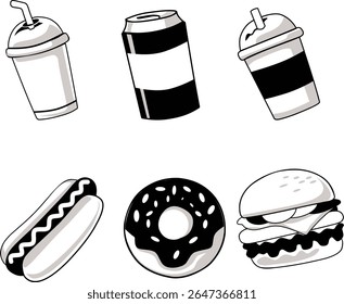 Monochromatic vector collection featuring popular fast food icons including hotdogs, donuts, burgers, and various beverages in a clean, bold style