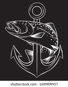 monochromatic Vector Fish, anchor Aquarium Fish in black background
