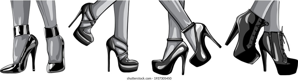 monochromatic Vector girls in high heels. Fashion illustration. Female legs in shoes. Cute design. Trendy picture in vogue style. Fashionable women. Stylish ladies.
