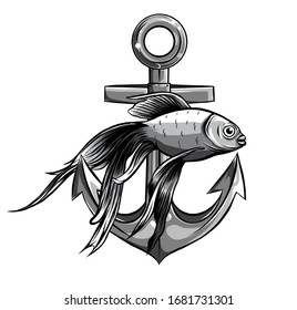 monochromatic Vector - Gold Fish, anchor Aquarium Fish