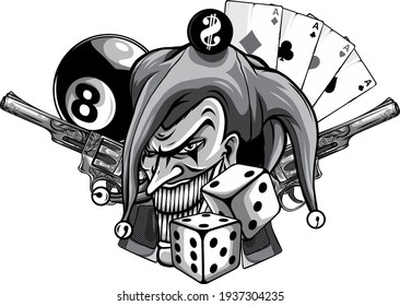 monochromatic Vector hand drawn illustration of angry clown with guns isolated.