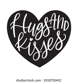 Monochromatic vector hand Lettered Hugs and Kisses Valentine holiday calligraphy text.  Hand written XOXO Valentine's Day sentiment or phrase with hand illustrated or hand drawn heart.