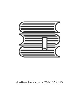 A monochromatic vector icon depicting a stack of three horizontally aligned books with a bookmark inserted into the middle book. The design is rendered in black and white.