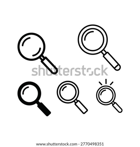 Monochromatic vector icons depicting magnifying glasses. This set represents research, discovery, and detailed analysis. Ideal for analytics dashboards, UI design elements, or data exploration visuals.