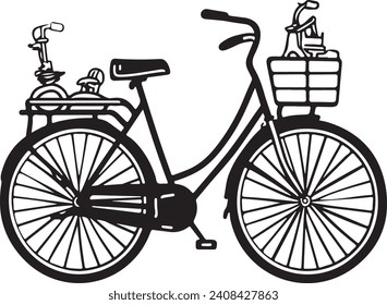 A monochromatic vector illustration of a classic bicycle equipped with a front basket filled with items. The bike features a prominent step-through frame, a comfortable saddle, full fenders