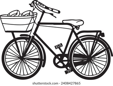 A monochromatic vector illustration of a classic bicycle equipped with a front basket filled with items. The bike features a prominent step-through frame, a comfortable saddle, full fenders