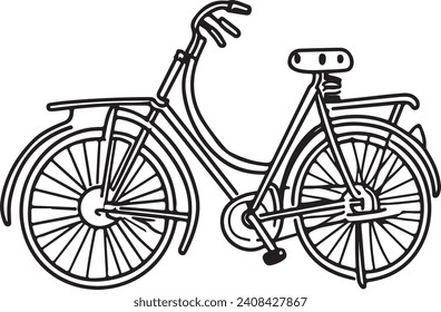 A monochromatic vector illustration of a classic bicycle equipped with a front basket filled with items. The bike features a prominent step-through frame, a comfortable saddle, full fenders